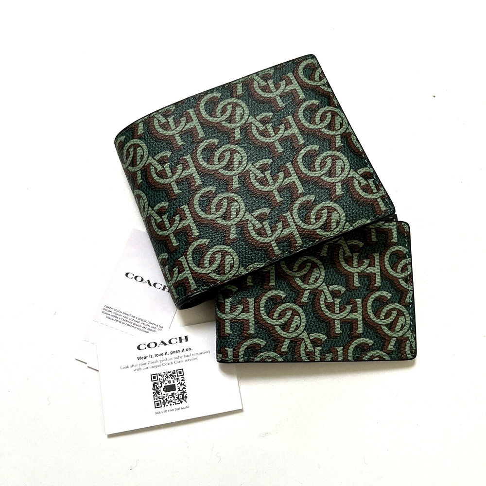 Coach 3-in-1 Signature Canvas Wallet Green Monogram Removable Insert NWT $180 - Picture 3 of 9